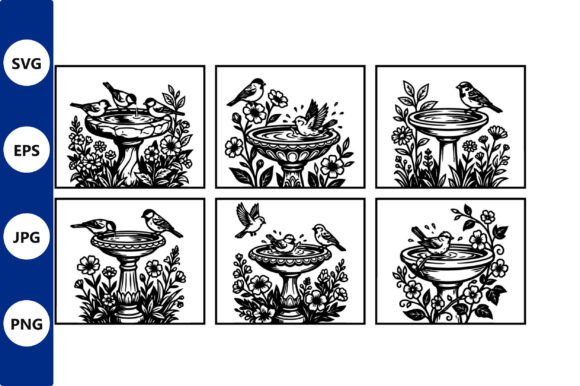 Birdbath Garden Panels Line Art: Graphics & Illustrations