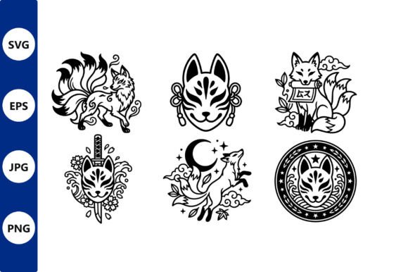 Kanji Fox Masks in Black and White: Graphics & Illustrations