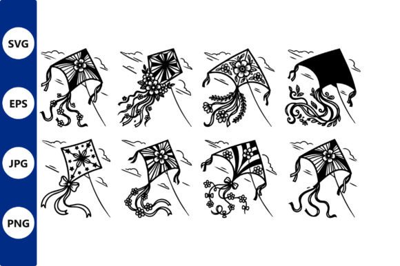 Kite Line Art with Floral Tails and Graphics