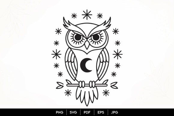 Mystic Owl Moon Line Art SVG Graphics & Illustrations