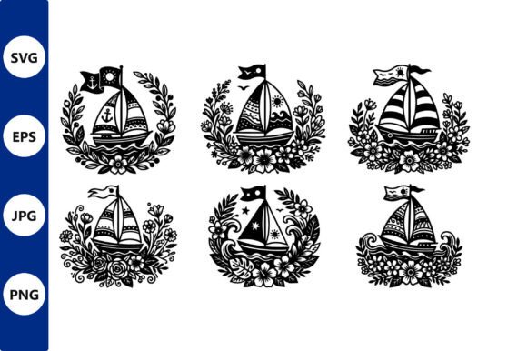 Ornate Sailboat Silhouettes with Floral: Graphics & Illustrations