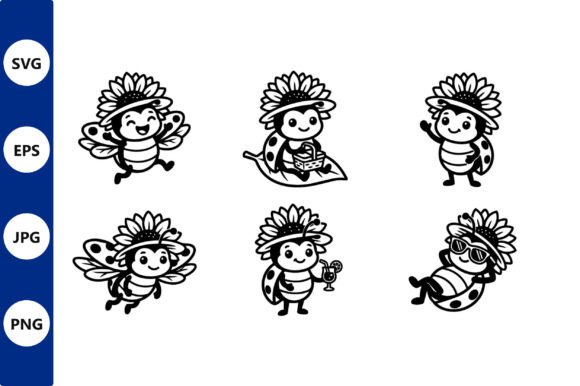 Playful Sunflower Bee Line Art: Graphics & Illustrations