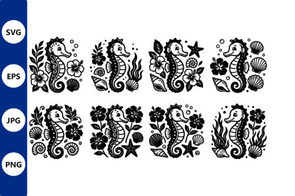 Seahorse Undersea Line Art: Black & White Graphics & Illustrations