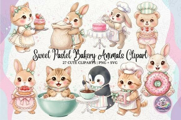 Sweet Pastel Bakery Animals Clipart: Graphics & Illustrations for Sellers